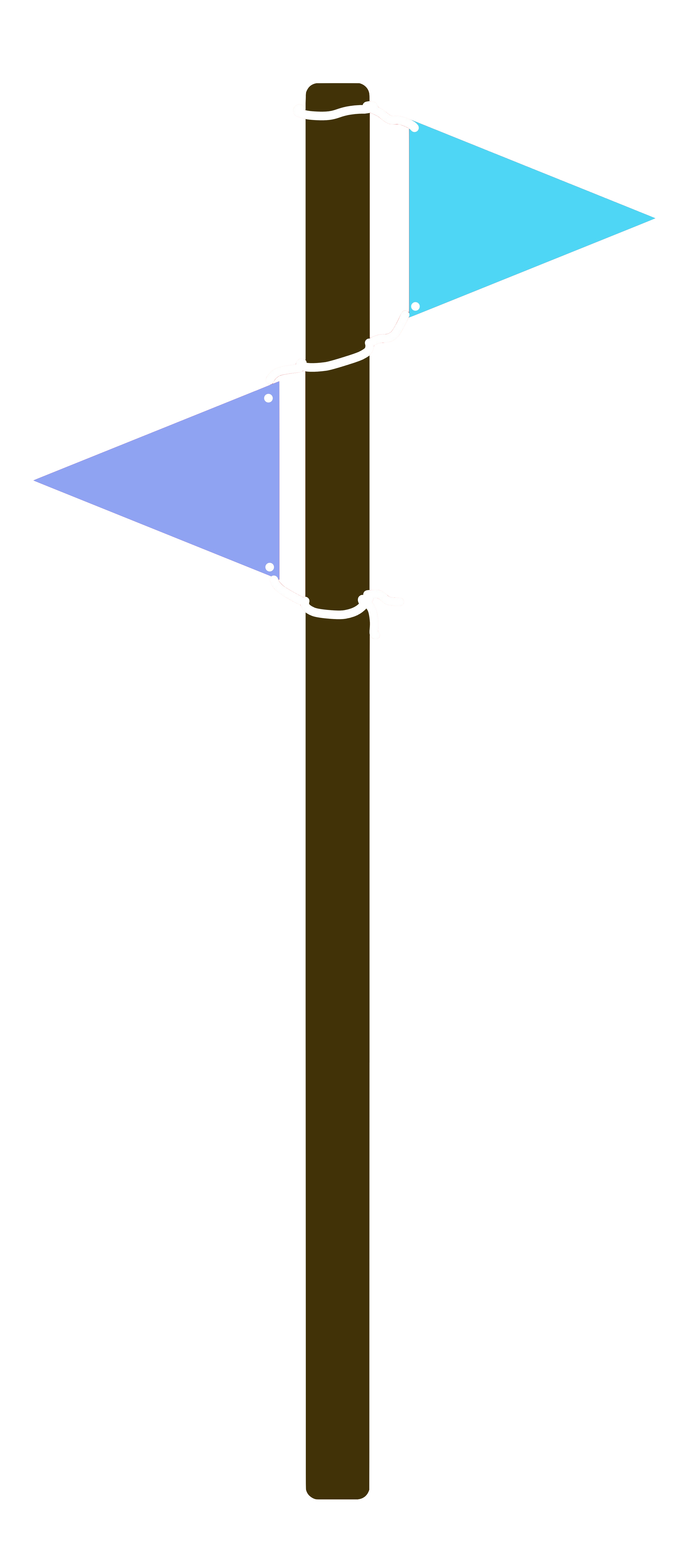 A wooden post with two pennants.