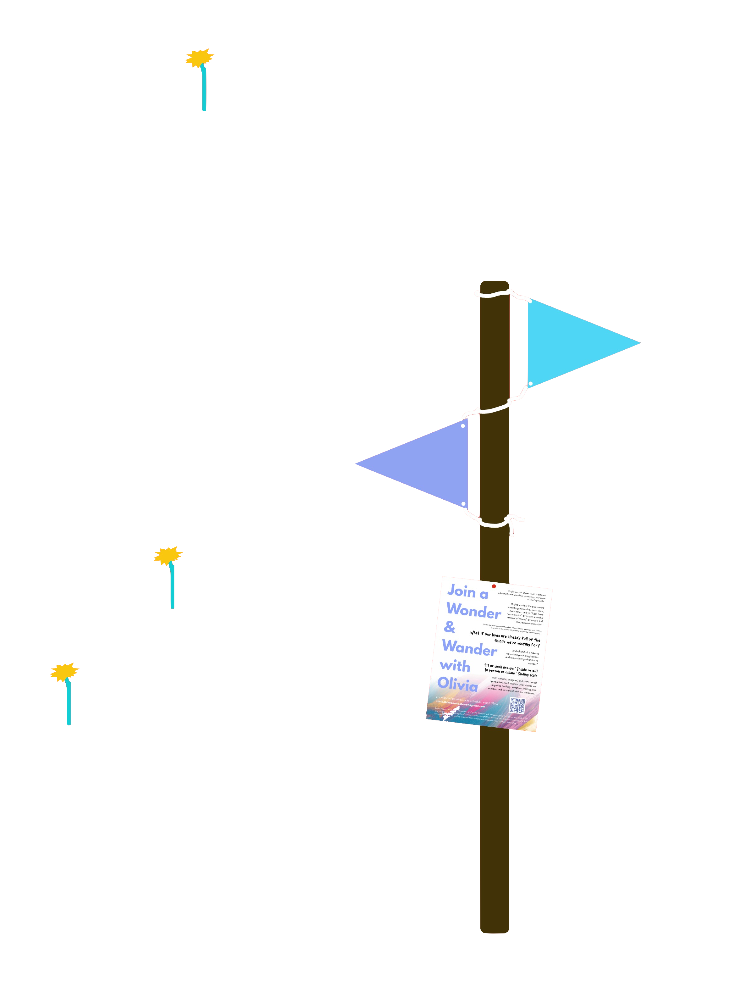 A wooden post with two pennants and a pinned Wonder & Wander flyer.